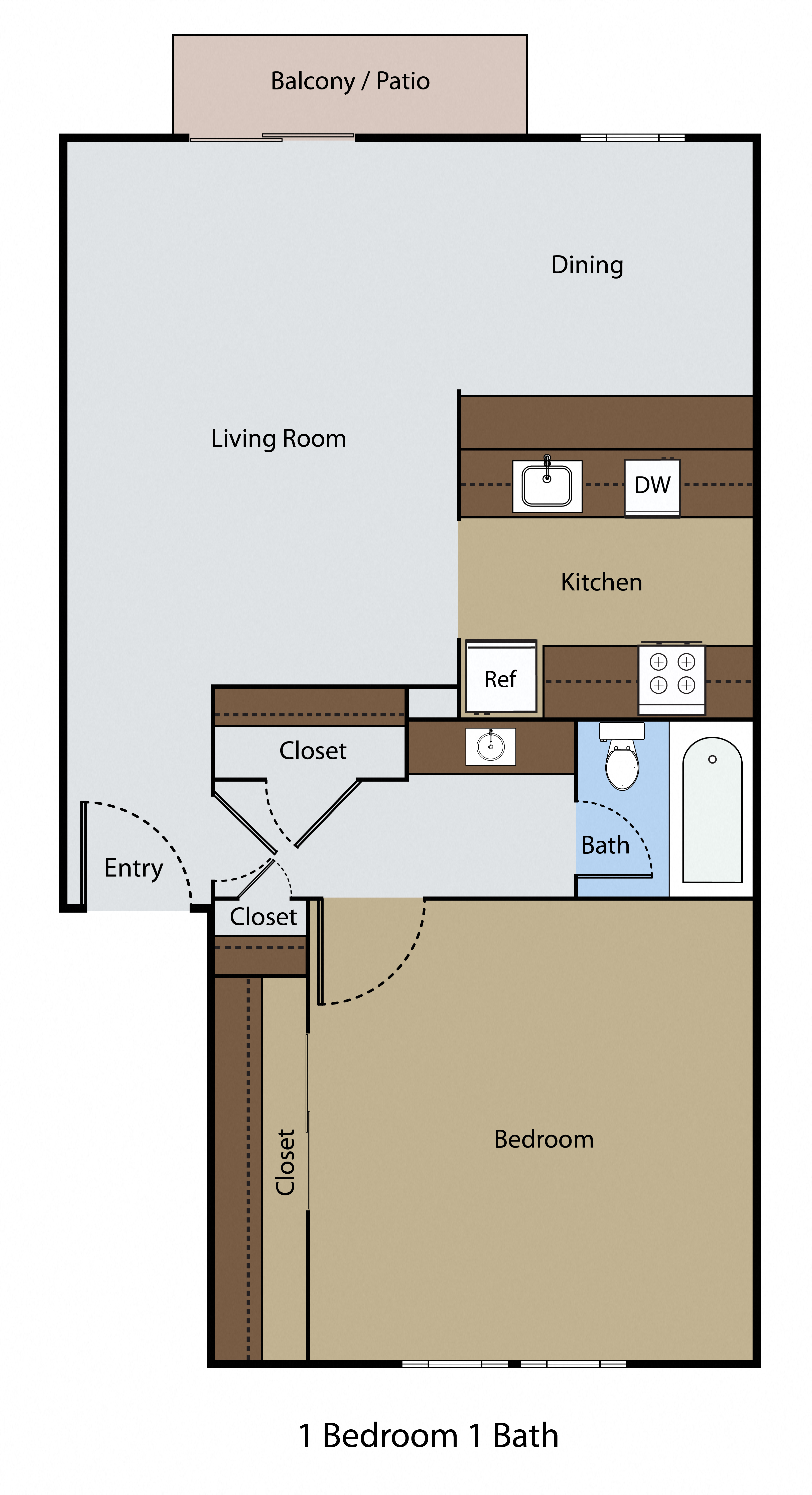 Floor plan for 1 bed, 1 bath, 655 sqft
